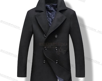 メンズ ブラック ウールコート ダブルブレスト ピーコート ブラック