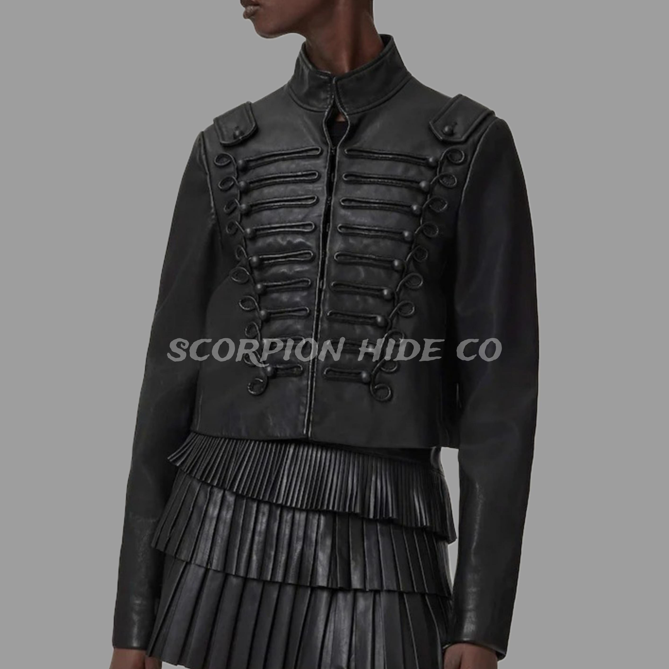 Women's Black Military Style Leather Jacket – Slim Fit Cropped