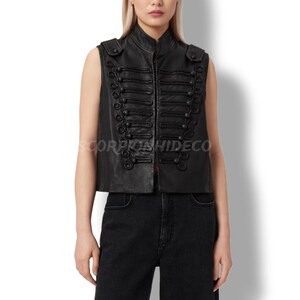Black Leather Military Vest Women Hussar Band Sleeveless Gothic Waistcoat Fashion Vest