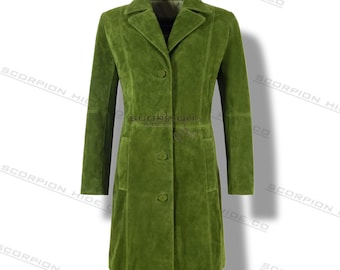 Women’s Green Suede Trench Coat – Classic Button-Down Jacket