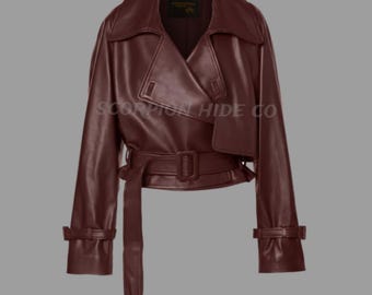 Burgundy Cropped Leather Jacket – Women’s Vintage Coat