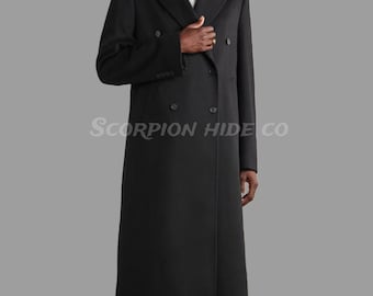 May include: A long, black double-breasted coat with a notched lapel. The coat has a classic design with multiple buttons and a tailored fit. The text "Scorpion Hide Co" is visible on the coat.