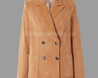 Camel Suede Leather Jacket Women’s – Handmade Double Breasted Jacket Soft Suede Leather Coat