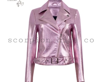 Jaqueta de couro rosa metálico brilhante estilo motociclista – Casaco curto feminino de pele de cordeiro