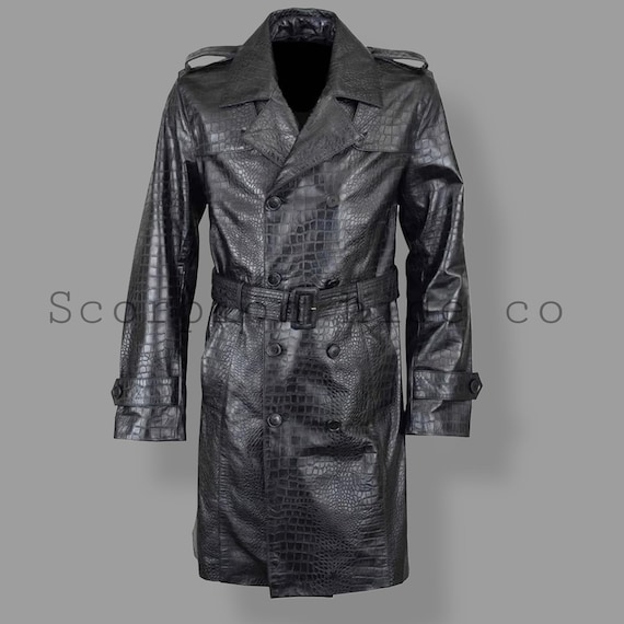 メンズ ブラック クロコ型押しレザー トレンチコート | ハンドメイド