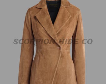 Giacca blazer in pelle scamosciata color cuoio da donna