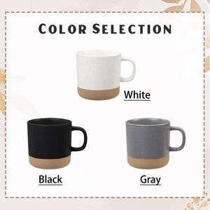 May include: A selection of ceramic mugs in white, black, and gray, each with a tan base. The mugs are displayed with the text "Color Selection" above and the color names below each mug. The white mug has a speckled design.