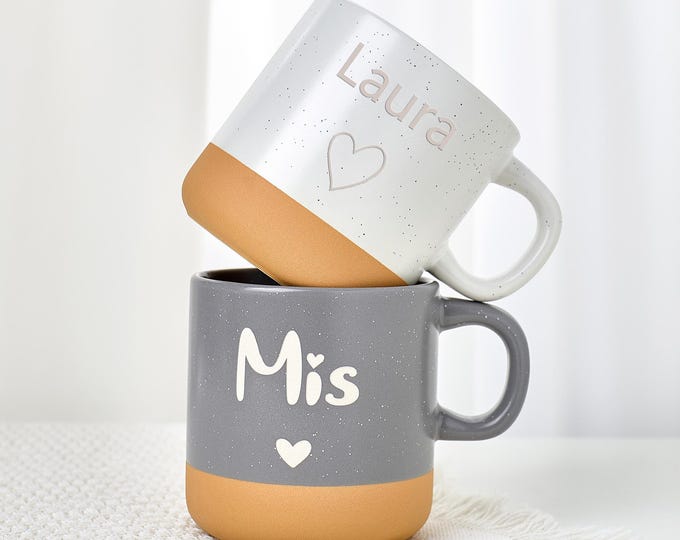 Personalized Engraved Pottery Mug: Laser Engraved Fleck Design