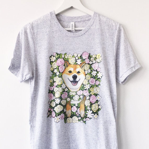 Shiba Inu Stuck In Bush Floral Print Short Sleeve Graphic Tee White Fleck Triblend Unisex Bella Canvas 3413 Shiba Inu Dog Lover
