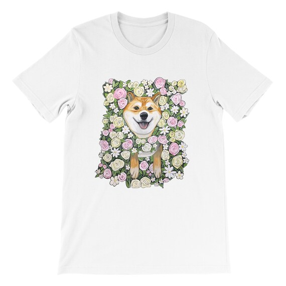 Shiba Inu Stuck In Bush Floral Print Short Sleeve Graphic Tee Solid White Jersey Unisex Bella Canvas 3001 Shiba Inu Dog Lover