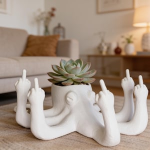 Puede incluir: Una maceta blanca con forma de pulpo que presenta múltiples tentáculos, cada uno levantado para mostrar un gesto de dedo medio. La abertura central del pulpo sostiene una planta suculenta verde con hojas gruesas. El objeto tiene un acabado mate.