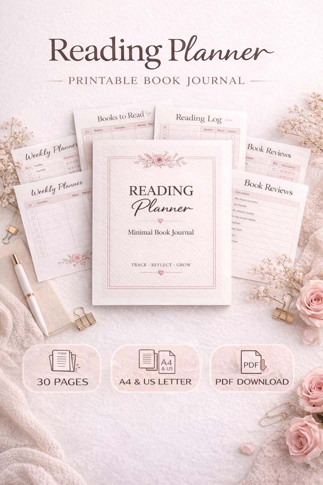 Printable Reading Planner 2026 PDF | 30 Page Book Journal | US Letter 8 ...