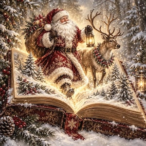May include: A festive illustration of Santa Claus in a red and white fur-trimmed coat carrying a sack of gifts and a glowing lantern, standing on an open book with a reindeer beside him, surrounded by snowy pine trees and falling snowflakes.