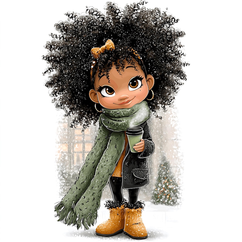 May include: Illustration of a cartoon character with dark curly hair, wearing a green scarf, black coat, and yellow boots. The character is holding a green coffee cup and smiling. The background shows a snowy scene with a Christmas tree.