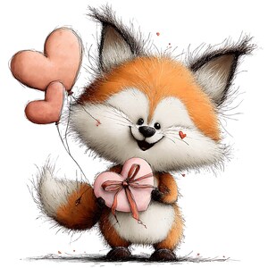 May include: A cartoon illustration of a smiling fox holding a pink heart-shaped gift box tied with a ribbon. Two pink heart balloons float above the fox. The fox has orange and white fur.