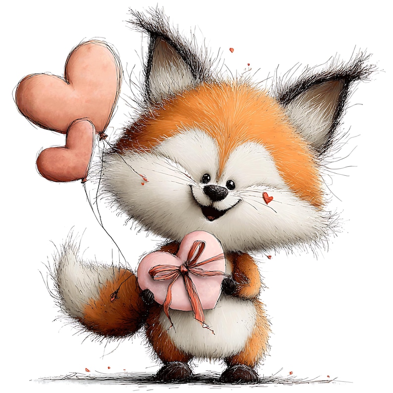 May include: A cartoon illustration of a smiling fox holding a pink heart-shaped gift box tied with a ribbon. Two pink heart balloons float above the fox. The fox has orange and white fur.