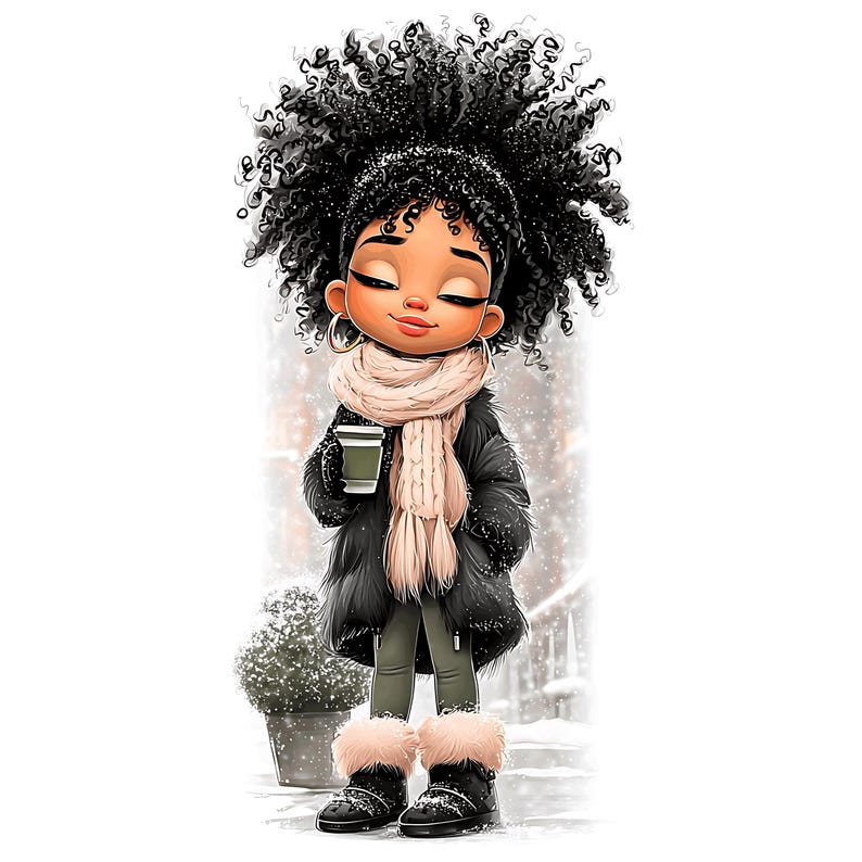 May include: Illustration of a young person with dark curly hair, wearing a black coat, pink scarf, and fur-lined boots. They are holding a green coffee cup in a snowy scene. The character has closed eyes and a serene expression.