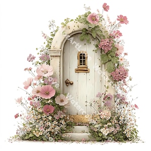 Op de afbeelding: Een grillige illustratie van een witte houten deur met een gewelfde bovenkant, versierd met roze en witte bloemen en groen blad. De deur heeft een klein raam en messing hardware, wat een sprookjesachtige esthetiek creëert.