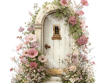 21 imágenes prediseñadas de puertas de hadas florales, acuarelas imprimibles, PNG de alta calidad, descarga digital, alta resolución, manualidades en papel, diario de recortes.