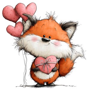 May include: A cartoon fox with orange fur, white chest, and black ears holds a pink heart-shaped gift box and three pink heart balloons. The fox has a cute expression with rosy cheeks and a black nose, set against a white background.