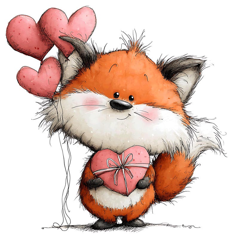 May include: A cartoon fox with orange fur, white chest, and black ears holds a pink heart-shaped gift box and three pink heart balloons. The fox has a cute expression with rosy cheeks and a black nose, set against a white background.