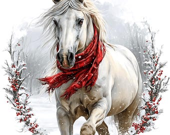 Könnte beinhalten: Digitale Illustration eines weißen Pferdes mit einem roten Schottenkaro-Schal vor einer verschneiten Winterkulisse. Das Pferd rennt, Mähne und Schal wehen im Wind. Zweige mit roten Beeren umrahmen das Bild.