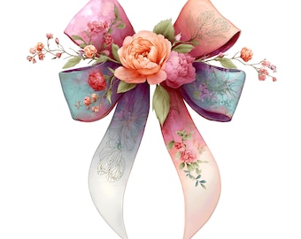 21 Coquette Ribbon Bow Watercolor Clipart: Floral  ( PNG - Digital Download)