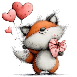 May include: A cartoon fox with orange and white fur, holding three pink heart-shaped balloons and a pink heart-shaped gift box tied with a bow. The fox is smiling, with a happy expression. The image is a digital illustration.
