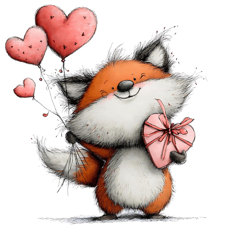 May include: A cartoon fox with orange and white fur, holding three pink heart-shaped balloons and a pink heart-shaped gift box tied with a bow. The fox is smiling, with a happy expression. The image is a digital illustration.