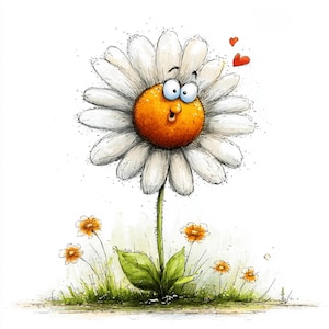 May include: A whimsical illustration of a daisy with a smiling face, large white petals, and a bright orange center. The daisy has expressive blue eyes and is surrounded by small orange flowers and green grass. Two red hearts float above the daisy.