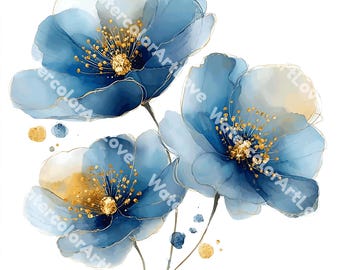 Blue and Gold Abstract Flowers Clipart (Digital Download)