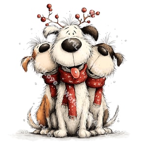 May include: A whimsical illustration of three dogs huddled together, each wearing a red scarf with white stars. The central dog has a tongue sticking out and is wearing antlers with red berries. The dogs are white, brown, and tan.