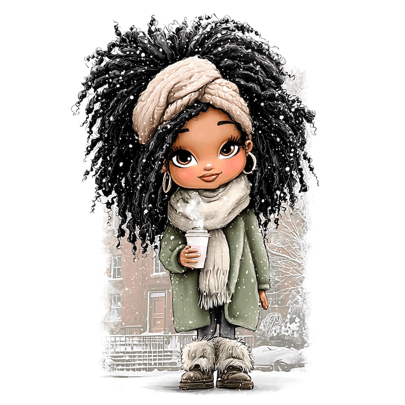 May include: Illustration of a cartoon character with dark curly hair, wearing a beige head wrap, scarf, and coat. The character is holding a coffee cup with steam rising, and is wearing fur-lined boots. Snowflakes fall around the character, with a snowy background.