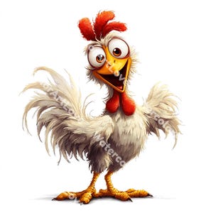 May include: A cartoon illustration of a rooster with white feathers, a red comb and wattle, and yellow beak and feet. The rooster has large, expressive eyes and a wide, open mouth, giving it a cheerful appearance. The image is set against a white background.
