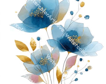 Blue and Gold Floral Clipart - Abstract PNG Flowers (Digital Download)
