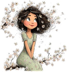 May include: Illustration of a young person with dark hair and a light green dress, sitting on a tree branch. The image is surrounded by white and pink cherry blossoms, with some flowers in the person's hair.