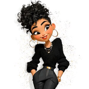 K&ouml;nnte beinhalten: Cartoon-Illustration einer selbstbewusst l&auml;chelnden Frau mit dunklem, lockigem Haar. Sie tr&auml;gt einen schwarzen Pullover, eine hoch taillierte schwarze Hose mit goldenem G&uuml;rtel und goldene Creolen. Eine goldene Uhr und Halsketten vervollst&auml;ndigen den Look.