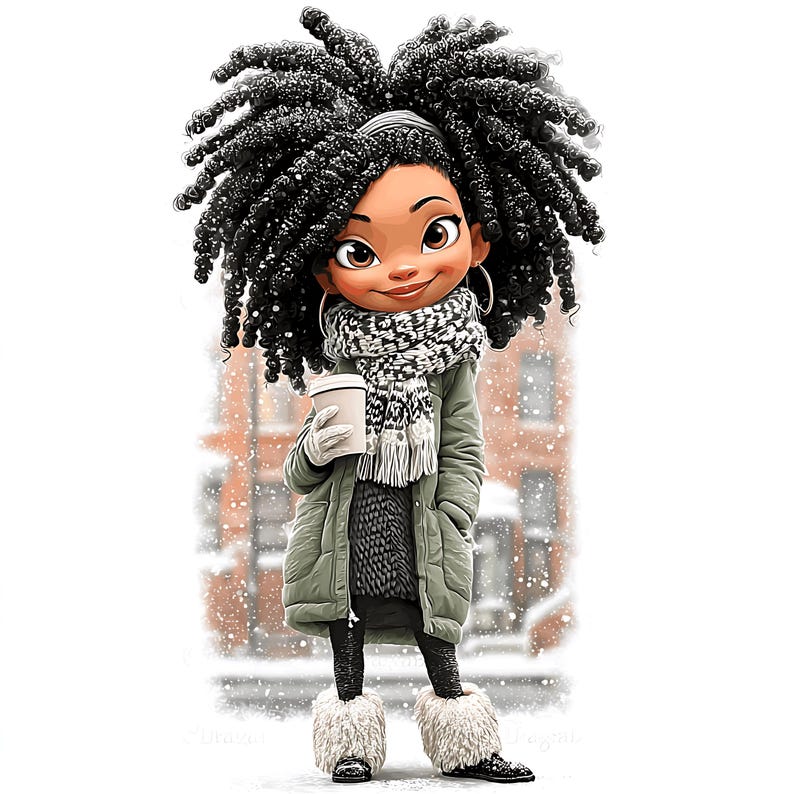 May include: Illustration of a cartoon girl with large, curly black hair, wearing a green coat, a black and white scarf, and white fur-lined boots. She holds a coffee cup, with a snowy background.