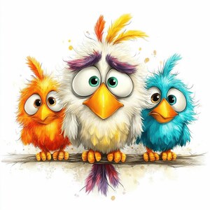 May include: A whimsical illustration of three cartoon birds perched on a branch. The birds are in shades of orange, white, and blue, with large expressive eyes and colorful plumage. The artwork has a playful and cheerful vibe.