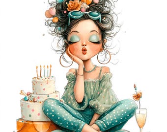 18 Cute Quirky Birthday Cake Quirky Girl Clipart ( PNG - Digital Download)