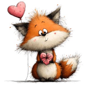 May include: A whimsical illustration of a cartoon fox holding a pink heart-shaped gift and a heart-shaped balloon. The fox has orange fur, a white chest, and a fluffy tail. The background is white.