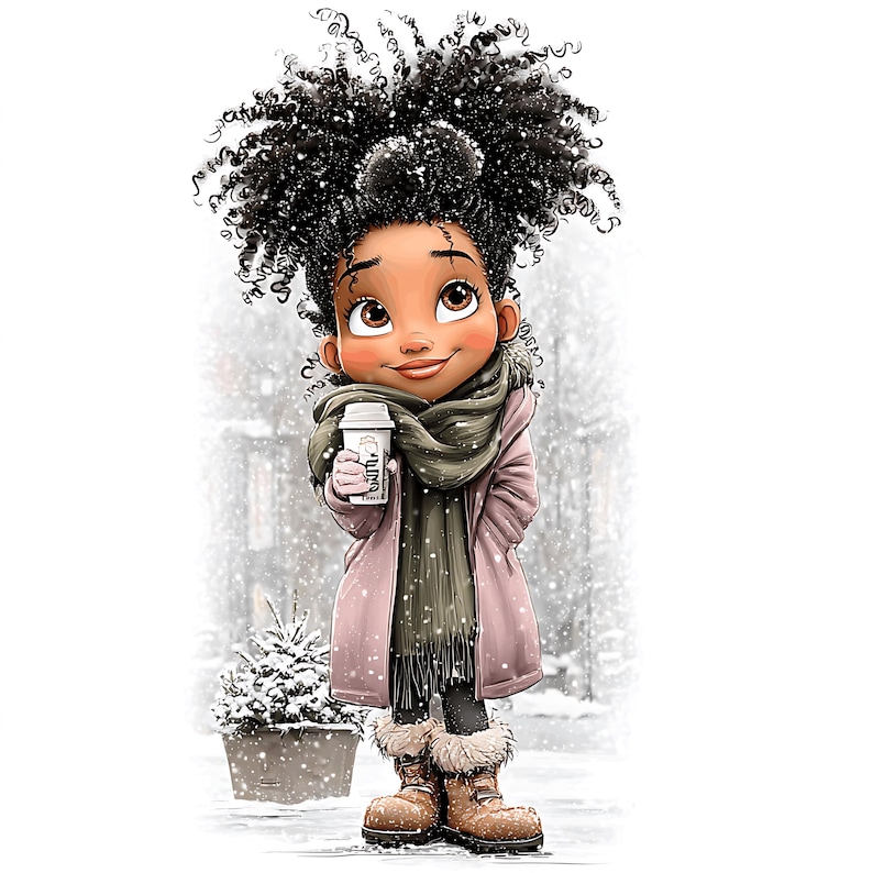 May include: Illustration of a young person with dark curly hair, wearing a pink coat, gray scarf, and brown boots, holding a coffee cup. The background shows a snowy scene with a small evergreen tree.