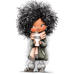 May include: Illustration of a cartoon girl with dark curly hair, wearing a green coat, pink scarf, and gray boots. She holds a white coffee cup with steam rising, in a snowy scene. The girl has rosy cheeks and is wearing silver hoop earrings.