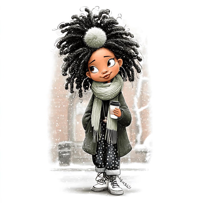 May include: Illustration of a cartoon character with black dreadlocks, a white pom-pom, and a green scarf. The character wears a dark green coat, polka-dot pants, and white boots, holding a coffee cup. Snowflakes fall in the background.