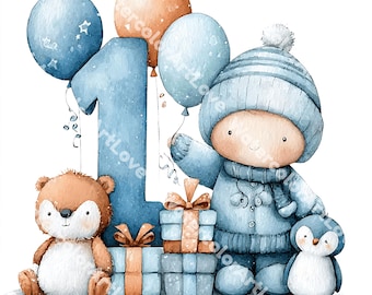 May include: Watercolor illustration featuring a baby dressed in a blue winter outfit, holding a balloon. A large blue number 1 is in the background, along with a teddy bear, a penguin, and wrapped gifts. Balloons are blue and orange.