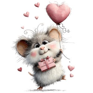 Peut inclure: Illustration d'une souris souriante tenant un ballon en forme de cœur rose et un cadeau. La souris a des poils gris et blancs, de grands yeux et des joues roses. Plusieurs petits cœurs roses flottent.