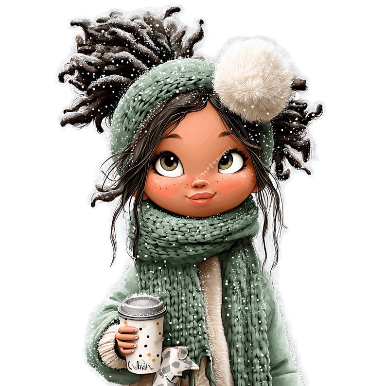 May include: Illustration of a young person with dark hair and green eyes, wearing a green knit hat with a white pom-pom, a matching scarf, and a coat. The person is holding a coffee cup with a dotted pattern and a small stuffed animal.