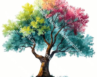 Clipart di alberi colorati ad acquerello (download digitale)