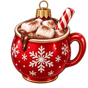 May include: A red ceramic mug shaped like a Christmas ornament, featuring white snowflake patterns and a gold top loop. The mug is filled with hot chocolate, topped with white marshmallows dusted with cocoa powder, and includes a red and white candy cane.