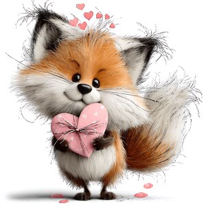 May include: A cartoon fox with orange, white, and black fur holds a pink heart-shaped gift box tied with a silver ribbon. Pink hearts float above the fox's head, and a few pink hearts are scattered below. The fox has a cheerful expression.
